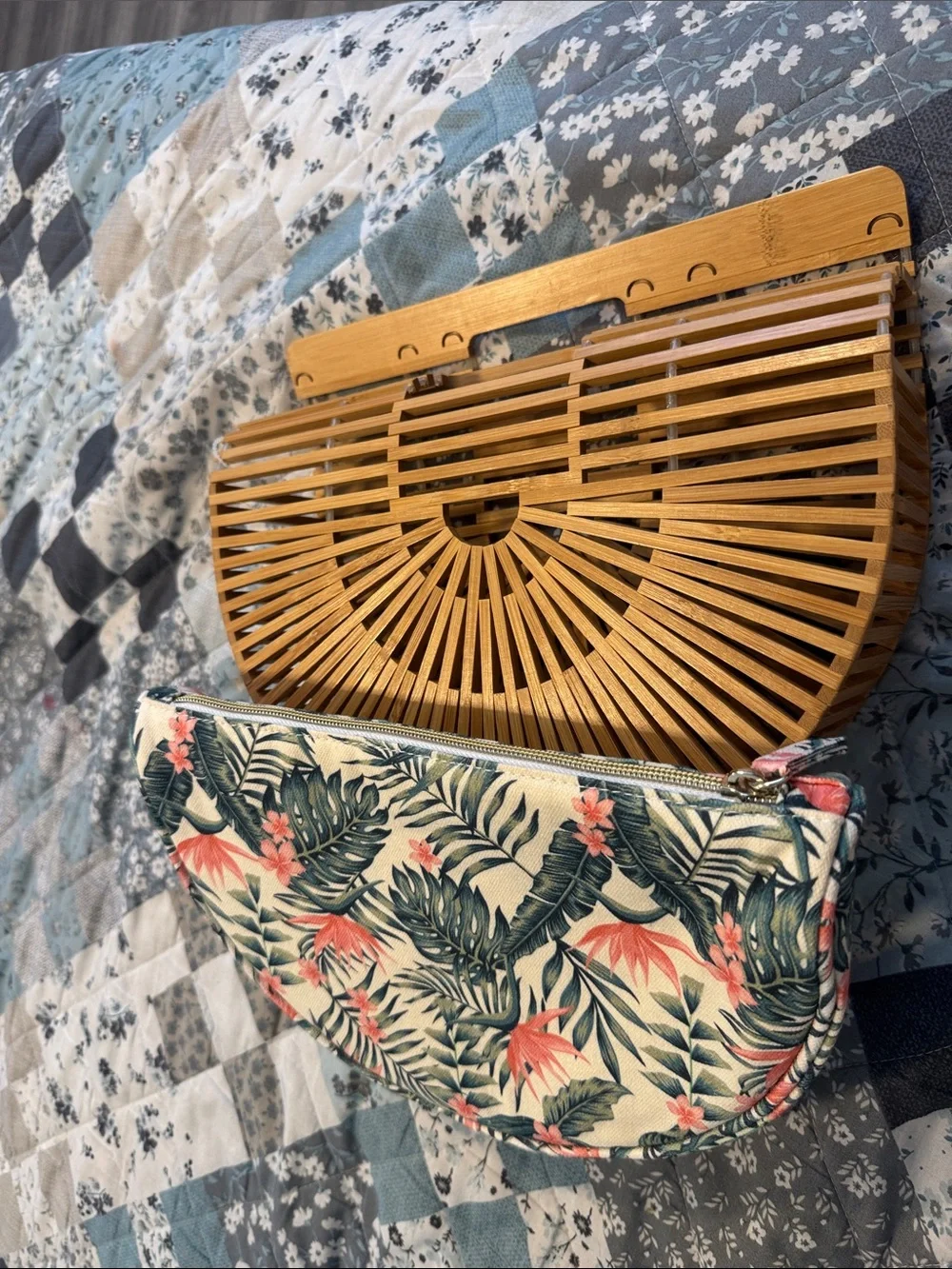 Natural Bamboo Semi-Circle Clutch with Tropical Floral Cream Pouch